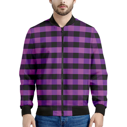 Dark Purple Check Pattern Print Men's Bomber Jacket