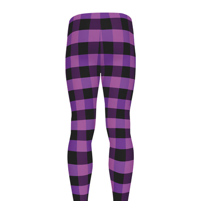 Dark Purple Check Pattern Print Men's leggings