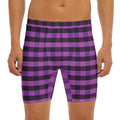 Dark Purple Check Pattern Print Men's Long Boxer Briefs