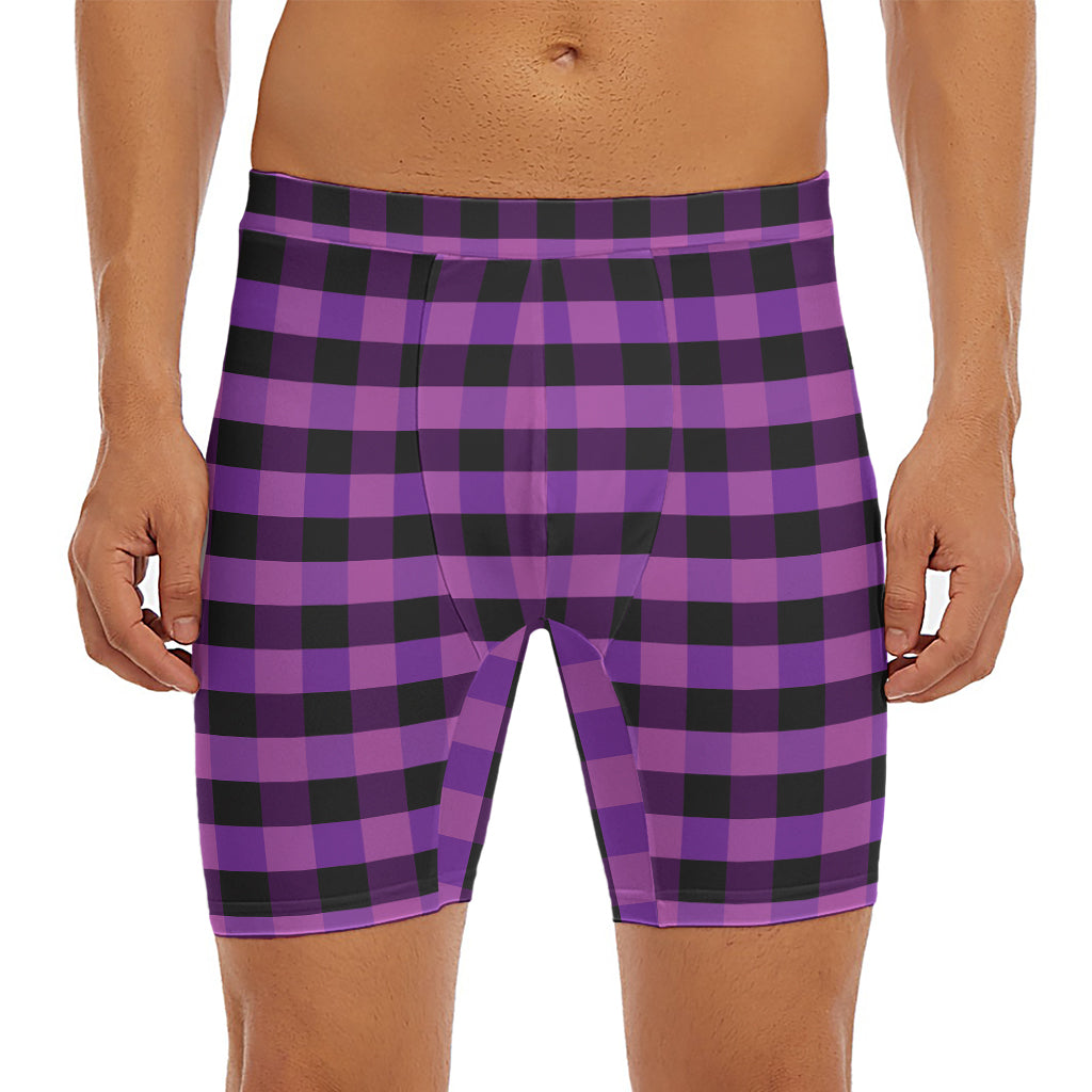 Dark Purple Check Pattern Print Men's Long Boxer Briefs