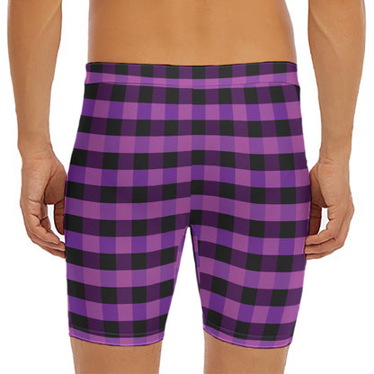 Dark Purple Check Pattern Print Men's Long Boxer Briefs
