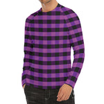 Dark Purple Check Pattern Print Men's Long Sleeve Rash Guard