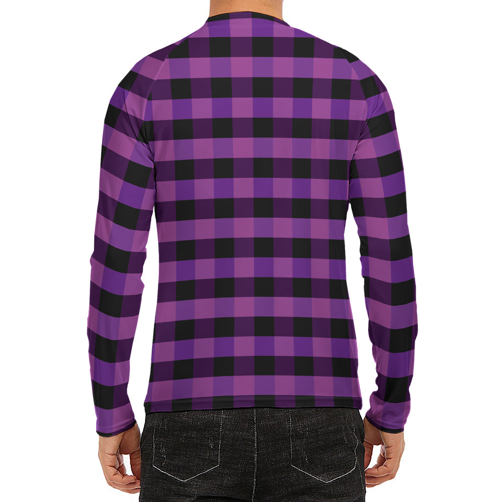 Dark Purple Check Pattern Print Men's Long Sleeve Rash Guard