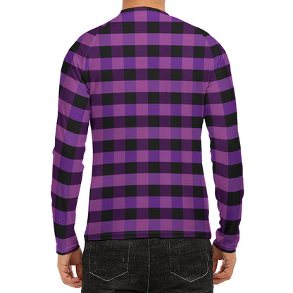 Dark Purple Check Pattern Print Men's Long Sleeve Rash Guard