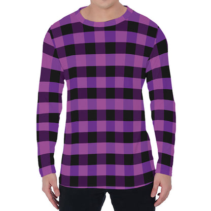 Dark Purple Check Pattern Print Men's Long Sleeve T-Shirt