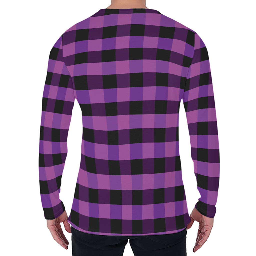 Dark Purple Check Pattern Print Men's Long Sleeve T-Shirt