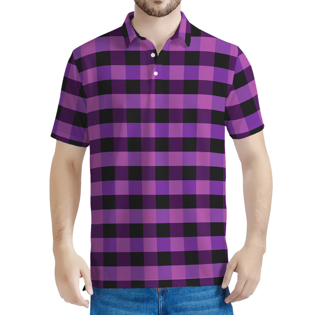 Dark Purple Check Pattern Print Men's Polo Shirt