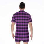 Dark Purple Check Pattern Print Men's Rompers