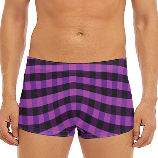Dark Purple Check Pattern Print Men's Short Boxer Briefs