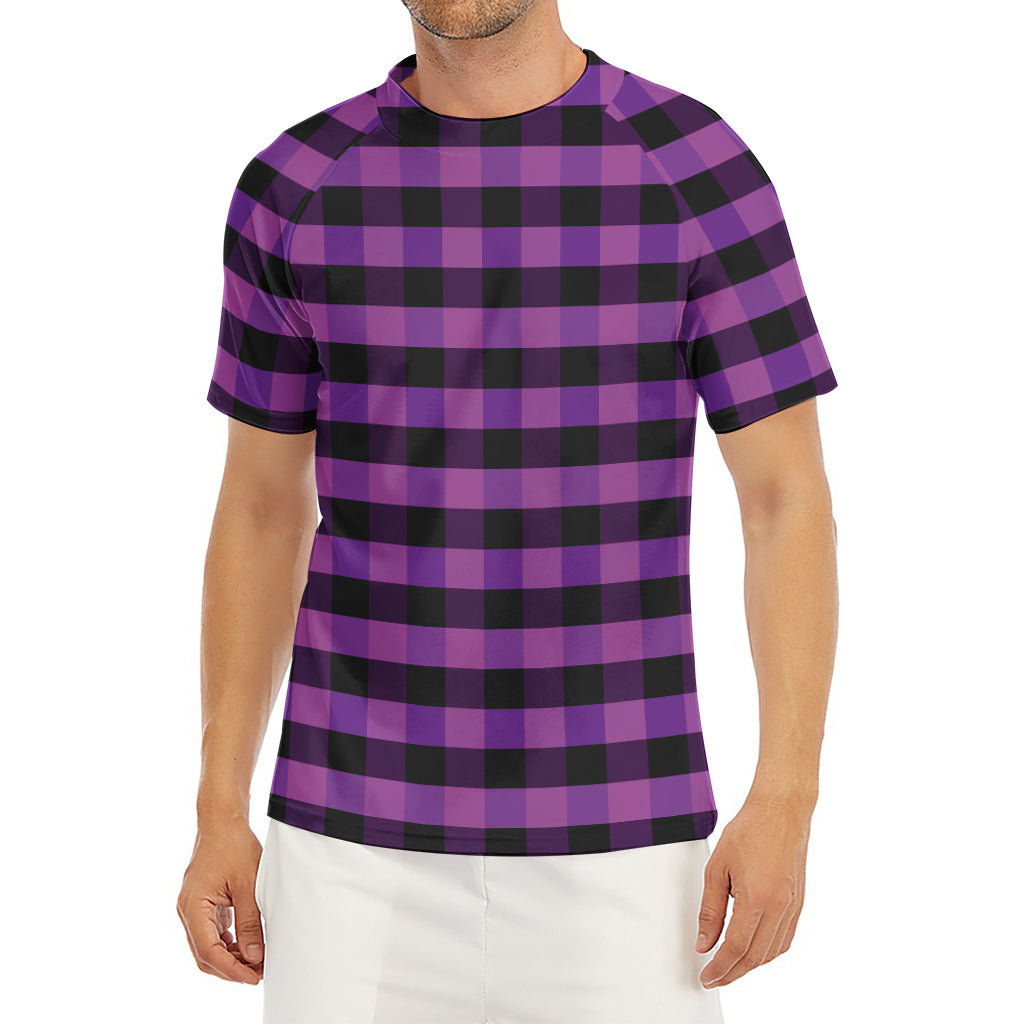 Dark Purple Check Pattern Print Men's Short Sleeve Rash Guard