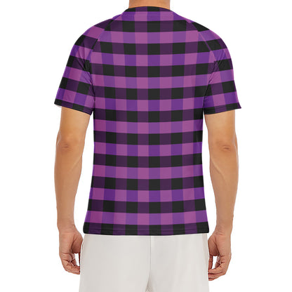 Dark Purple Check Pattern Print Men's Short Sleeve Rash Guard