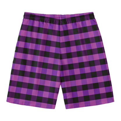 Dark Purple Check Pattern Print Men's Swim Trunks