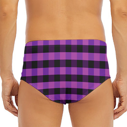 Dark Purple Check Pattern Print Men's Triangle Swim Briefs