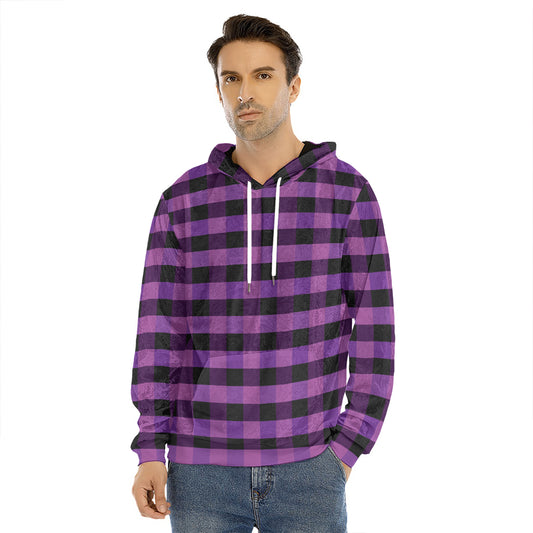 Dark Purple Check Pattern Print Men's Velvet Pullover Hoodie