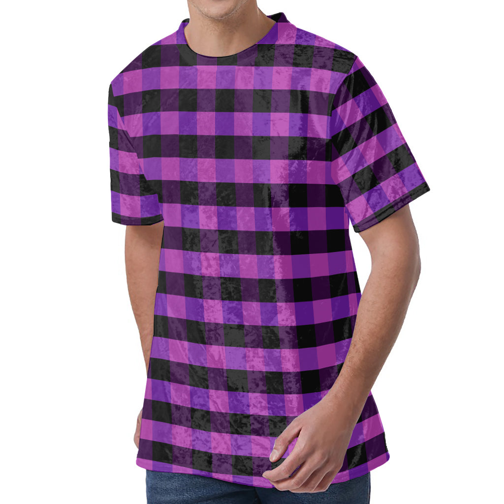 Dark Purple Check Pattern Print Men's Velvet T-Shirt