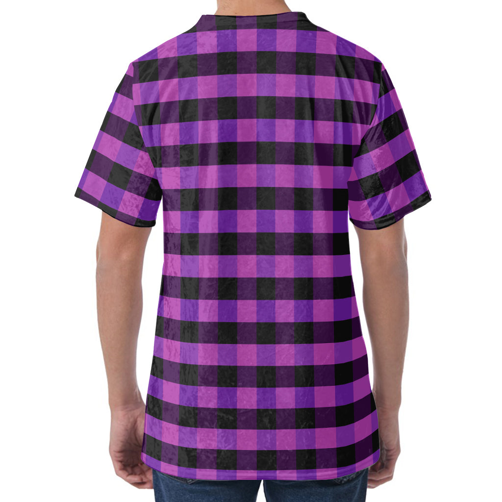 Dark Purple Check Pattern Print Men's Velvet T-Shirt