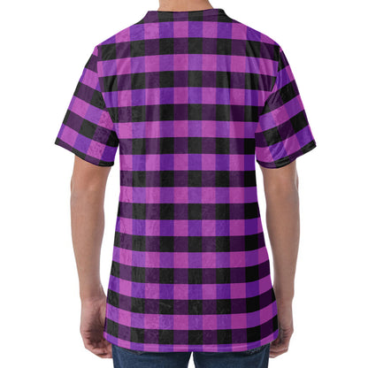 Dark Purple Check Pattern Print Men's Velvet T-Shirt