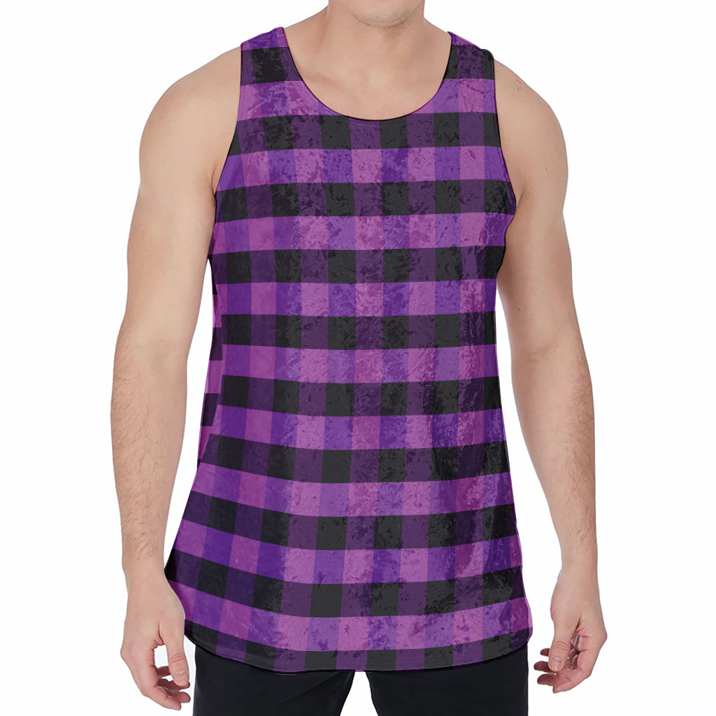 Dark Purple Check Pattern Print Men's Velvet Tank Top