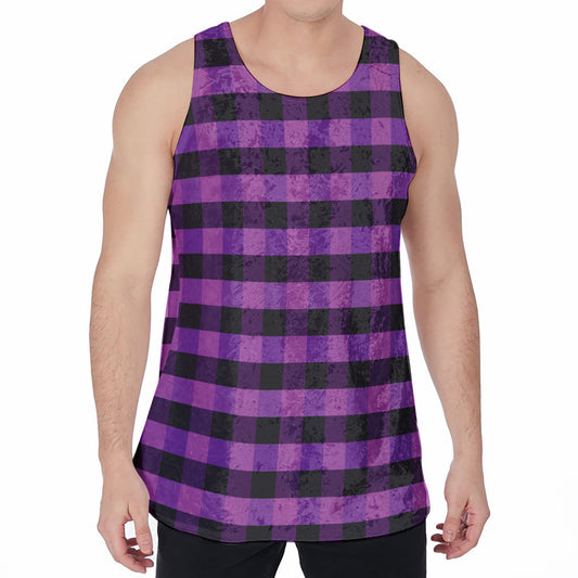 Dark Purple Check Pattern Print Men's Velvet Tank Top