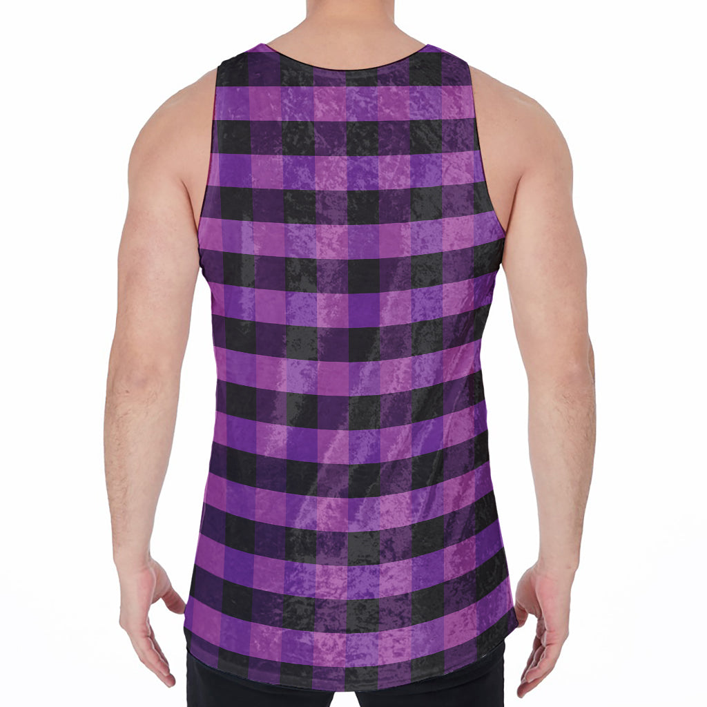 Dark Purple Check Pattern Print Men's Velvet Tank Top