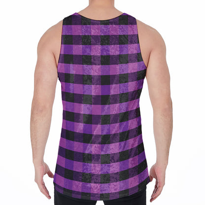 Dark Purple Check Pattern Print Men's Velvet Tank Top
