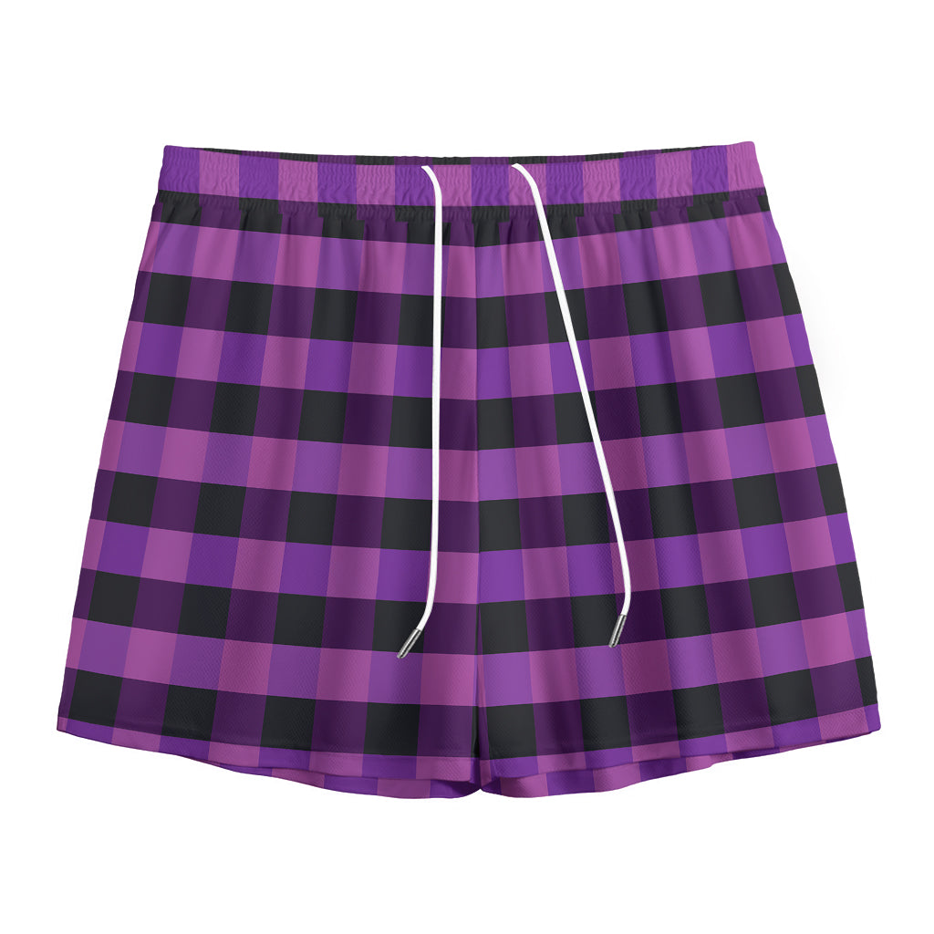 Dark Purple Check Pattern Print Mesh Shorts