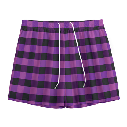 Dark Purple Check Pattern Print Mesh Shorts