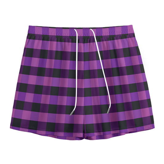Dark Purple Check Pattern Print Mesh Shorts