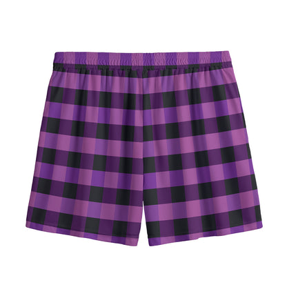 Dark Purple Check Pattern Print Mesh Shorts