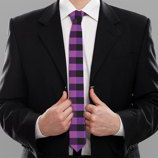 Dark Purple Check Pattern Print Necktie