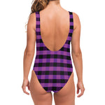 Dark Purple Check Pattern Print One Piece Swimsuit