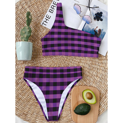 Dark Purple Check Pattern Print One Shoulder Bikini Top