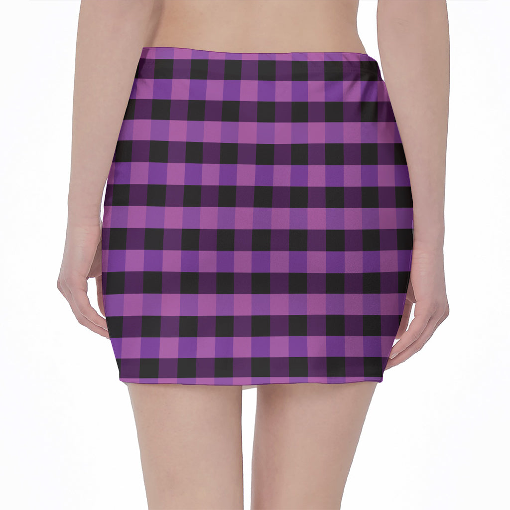 Dark Purple Check Pattern Print Pencil Mini Skirt