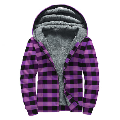 Dark Purple Check Pattern Print Sherpa Lined Zip Up Hoodie