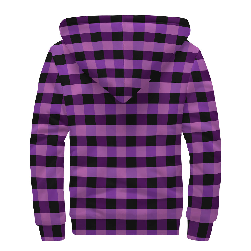 Dark Purple Check Pattern Print Sherpa Lined Zip Up Hoodie