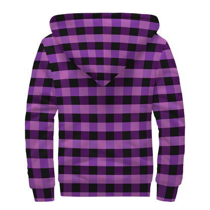 Dark Purple Check Pattern Print Sherpa Lined Zip Up Hoodie