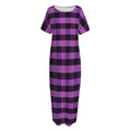 Dark Purple Check Pattern Print Short Sleeve Long Nightdress