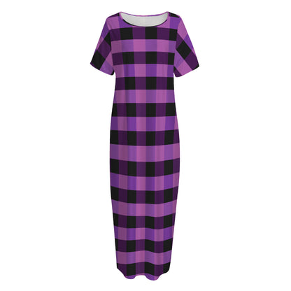 Dark Purple Check Pattern Print Short Sleeve Long Nightdress