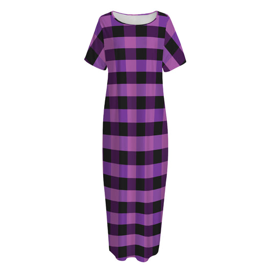 Dark Purple Check Pattern Print Short Sleeve Long Nightdress