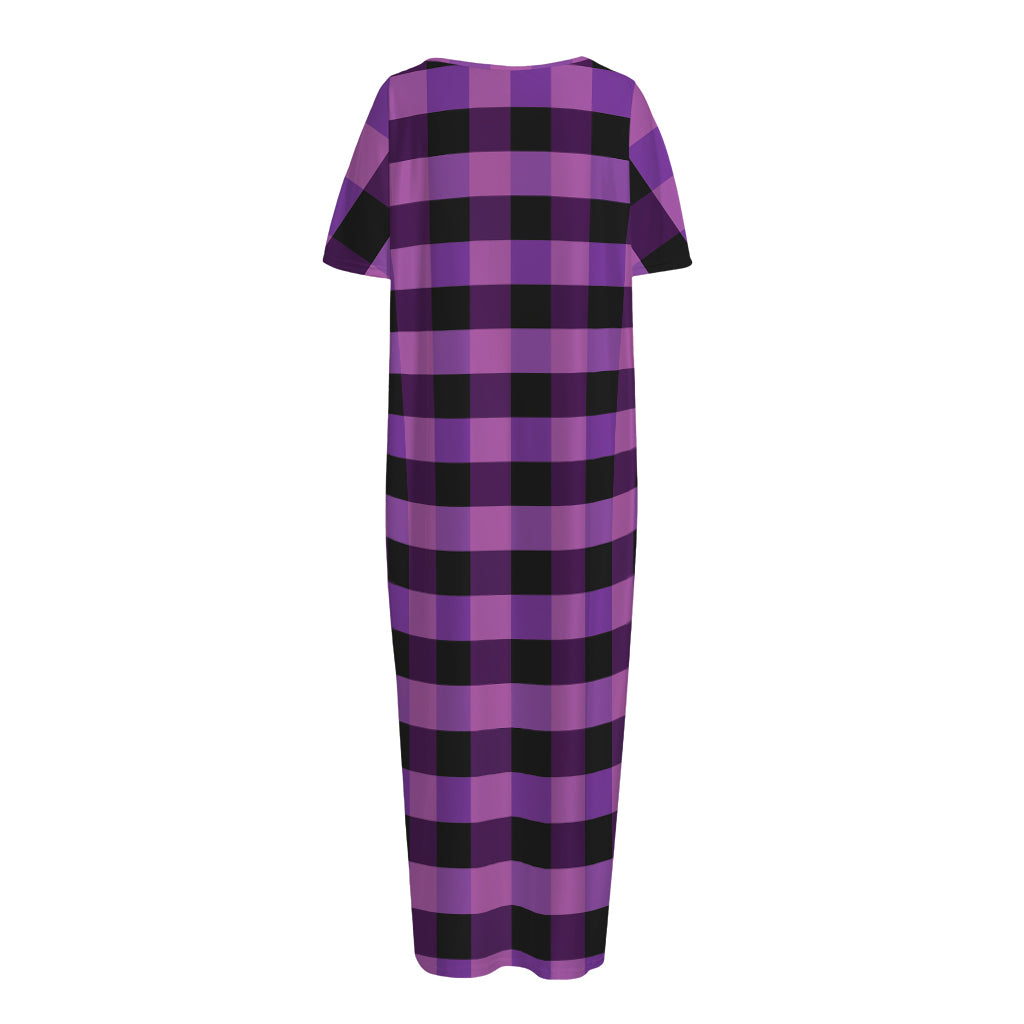 Dark Purple Check Pattern Print Short Sleeve Long Nightdress
