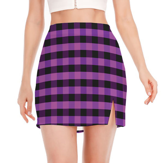 Dark Purple Check Pattern Print Side Slit Mini Skirt