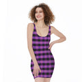 Dark Purple Check Pattern Print Sleeveless Bodycon Dress