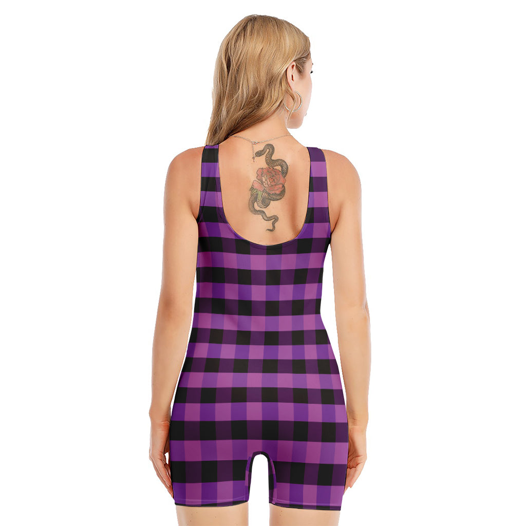 Dark Purple Check Pattern Print Sleeveless One Piece Swimsuit