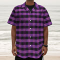Dark Purple Check Pattern Print Textured Short Sleeve Shirt
