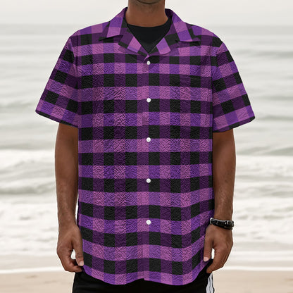Dark Purple Check Pattern Print Textured Short Sleeve Shirt