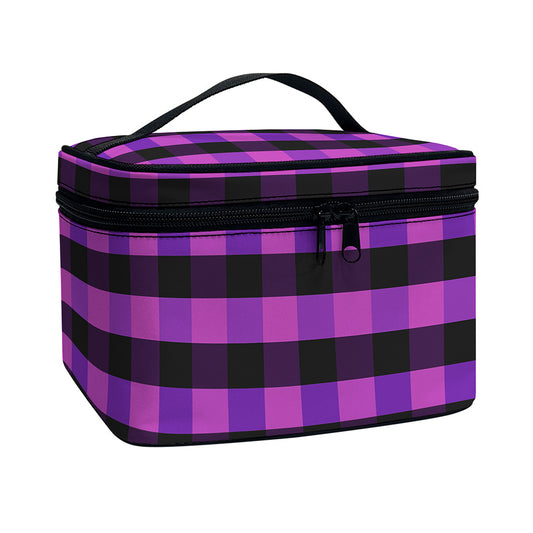 Dark Purple Check Pattern Print Travel Makeup Bag