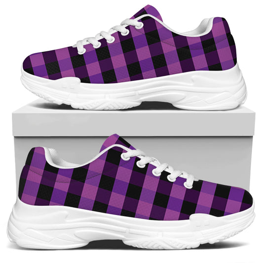 Dark Purple Check Pattern Print White Chunky Shoes