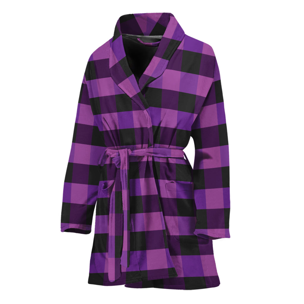 Dark Purple Check Pattern Print Women's Bathrobe