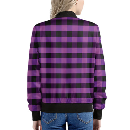 Dark Purple Check Pattern Print Women's Bomber Jacket