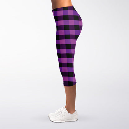 Dark Purple Check Pattern Print Women's Capri Leggings